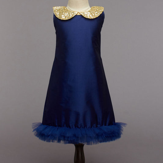 Sequins Sleeveless Ruffled Dress - Navy Blue