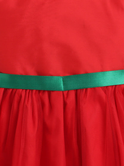 The Magic Wand Solid Sleeveless Party Wear Dress With Contrast Lace Band Red