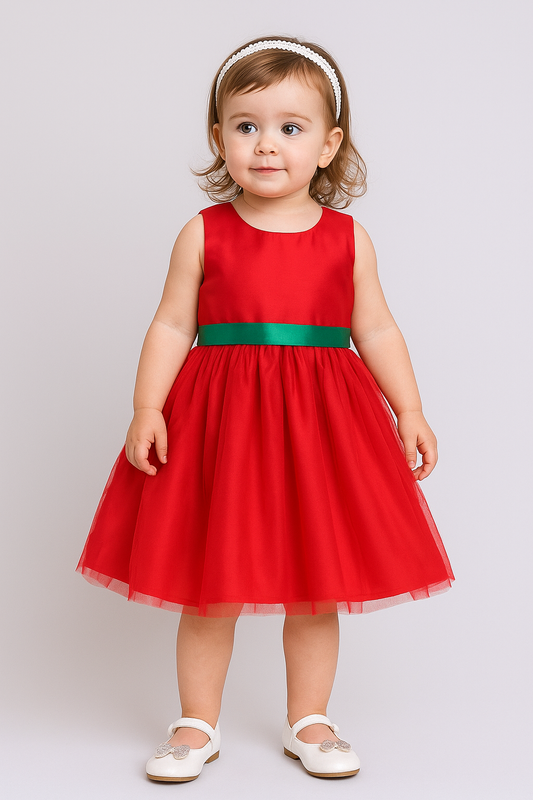The Magic Wand Solid Sleeveless Party Wear Dress With Contrast Lace Band Red
