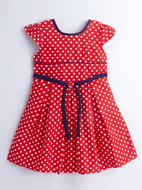 Kids Red & White Printed Dress With Belt