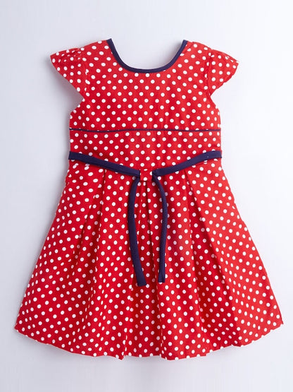 Kids Red & White Printed Dress With Belt