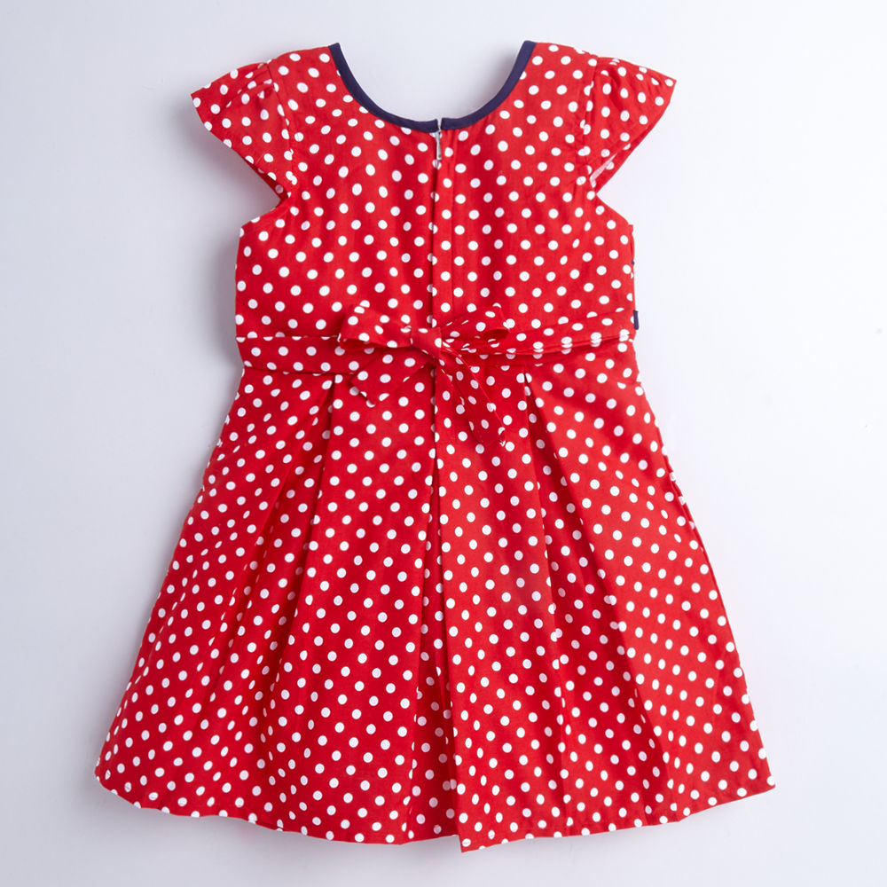 Kids Red & White Printed Dress With Belt