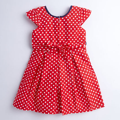 Kids Red & White Printed Dress With Belt