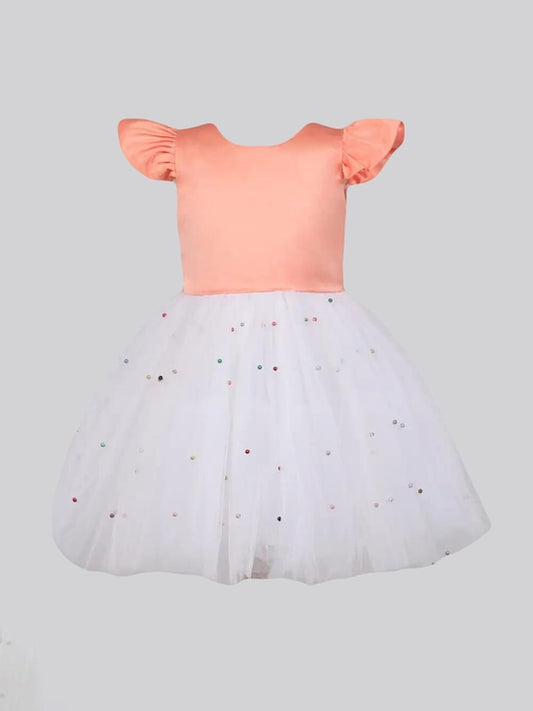 Cap Sleeves Pearl Net Tulle Party Wear Dress   Peach