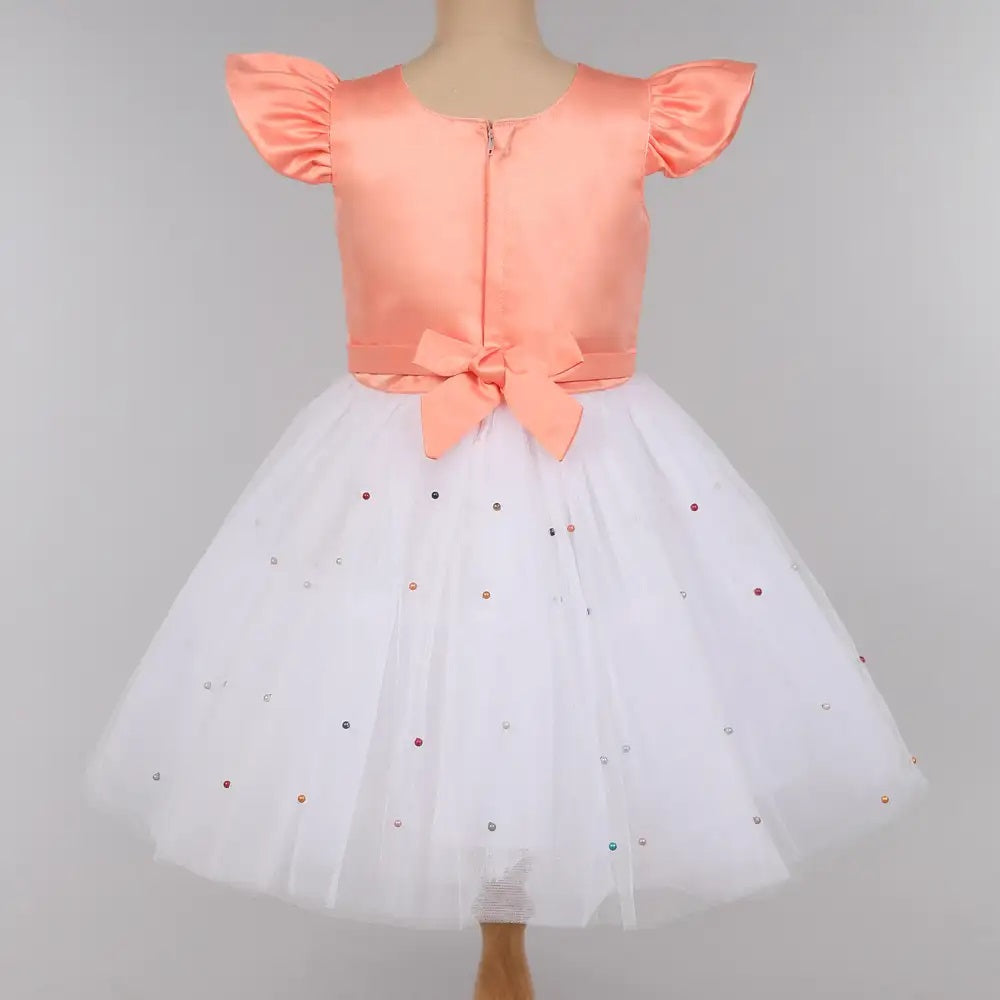 Cap Sleeves Pearl Net Tulle Party Wear Dress   Peach