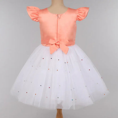 Cap Sleeves Pearl Net Tulle Party Wear Dress   Peach