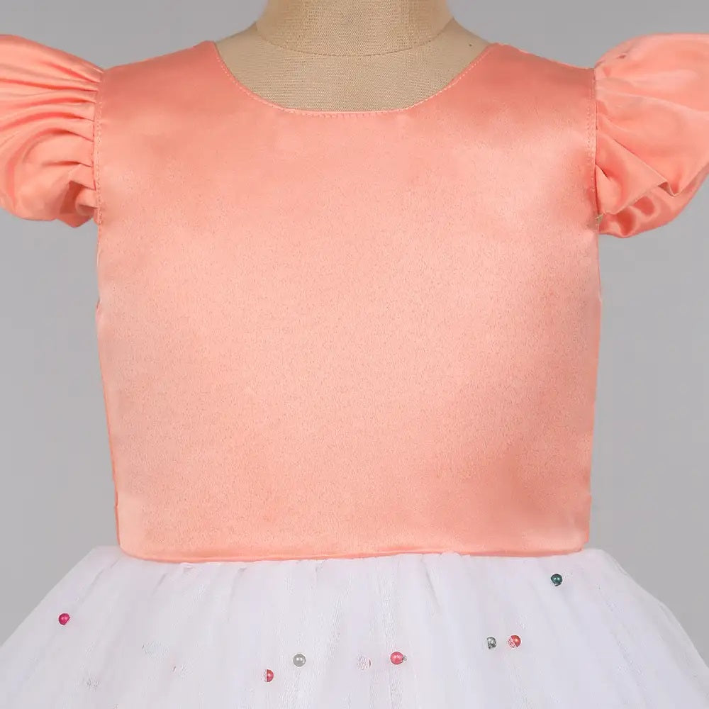 Cap Sleeves Pearl Net Tulle Party Wear Dress   Peach
