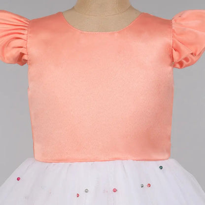 Cap Sleeves Pearl Net Tulle Party Wear Dress   Peach