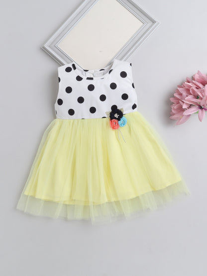 Sleeveless Polka Dots Printed Tiered Party Wear Dress With Floral Corsage   White Yellow