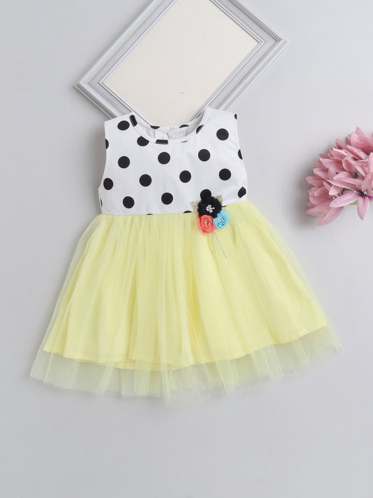 Sleeveless Polka Dots Printed Tiered Party Wear Dress With Floral Corsage   White Yellow