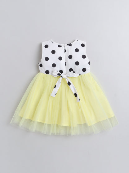 Sleeveless Polka Dots Printed Tiered Party Wear Dress With Floral Corsage   White Yellow