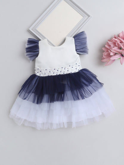 The Magic Wand Flutter Sleeves Pearls Embellished Ombre Detail Tiered Party Dress - Navy Blue