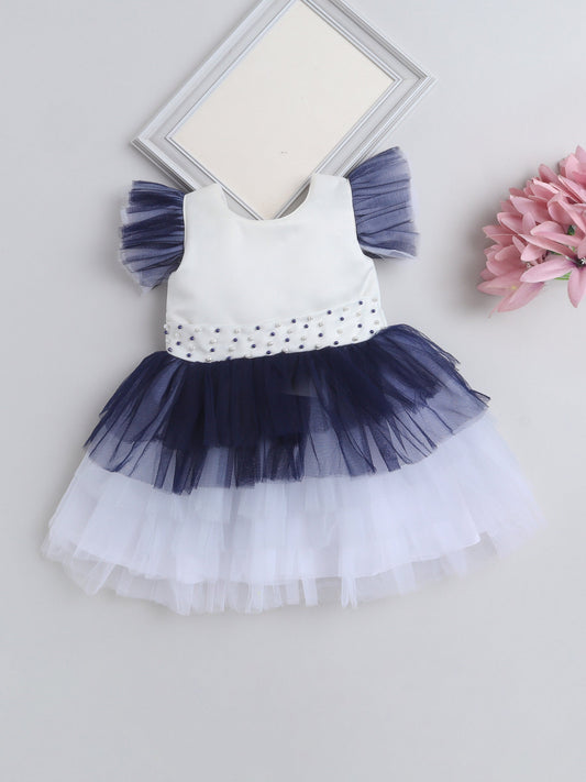 The Magic Wand Flutter Sleeves Pearls Embellished Ombre Detail Tiered Party Dress - Navy Blue