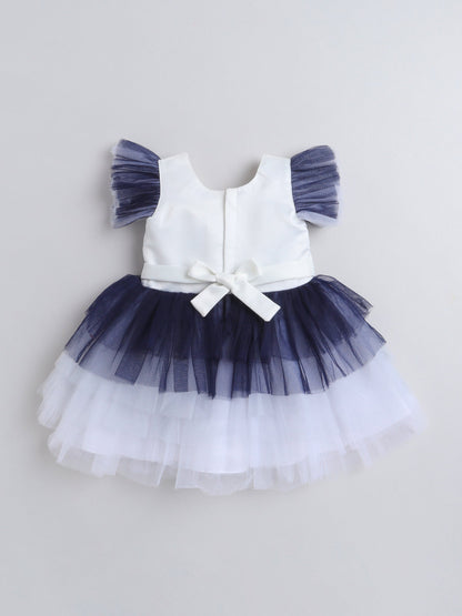 The Magic Wand Flutter Sleeves Pearls Embellished Ombre Detail Tiered Party Dress - Navy Blue
