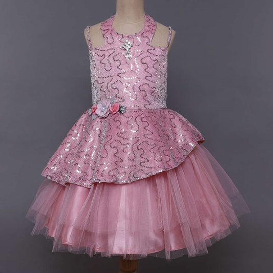 Cold Shoulder Style Sleeveless Floral Applique Sequin Embellished Shimmer Asymmetrical Bodice Tulle Fit & Flare Party Wear Dress   Pink