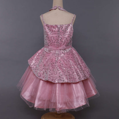 Cold Shoulder Style Sleeveless Floral Applique Sequin Embellished Shimmer Asymmetrical Bodice Tulle Fit & Flare Party Wear Dress   Pink