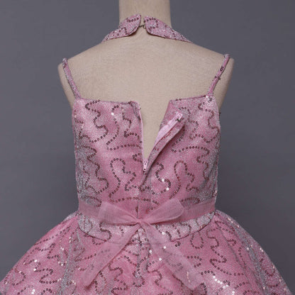 Cold Shoulder Style Sleeveless Floral Applique Sequin Embellished Shimmer Asymmetrical Bodice Tulle Fit & Flare Party Wear Dress   Pink