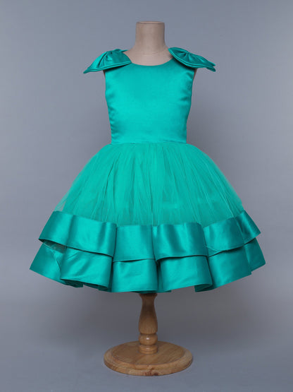 The Magic Wand Shiny Sleeveless Layered Party Dress With Bow Applique On The Shoulders For Girls - Sea Green