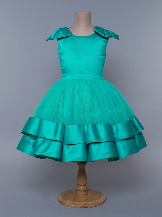 The Magic Wand Shiny Sleeveless Layered Party Dress With Bow Applique On The Shoulders For Girls - Sea Green