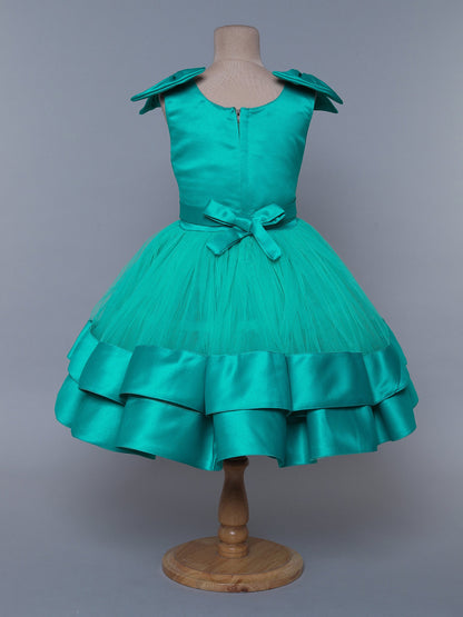 The Magic Wand Shiny Sleeveless Layered Party Dress With Bow Applique On The Shoulders For Girls - Sea Green