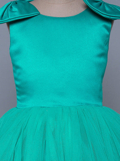 The Magic Wand Shiny Sleeveless Layered Party Dress With Bow Applique On The Shoulders For Girls - Sea Green