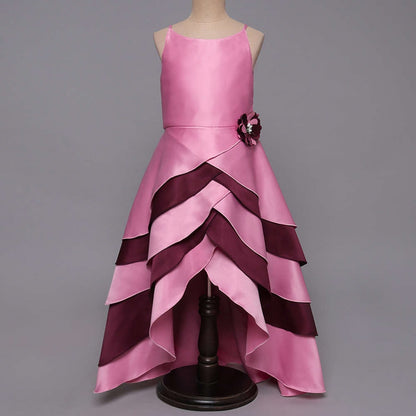 Sleeveless Floral Applique Detail Multi Layered High Low Gown   Pink