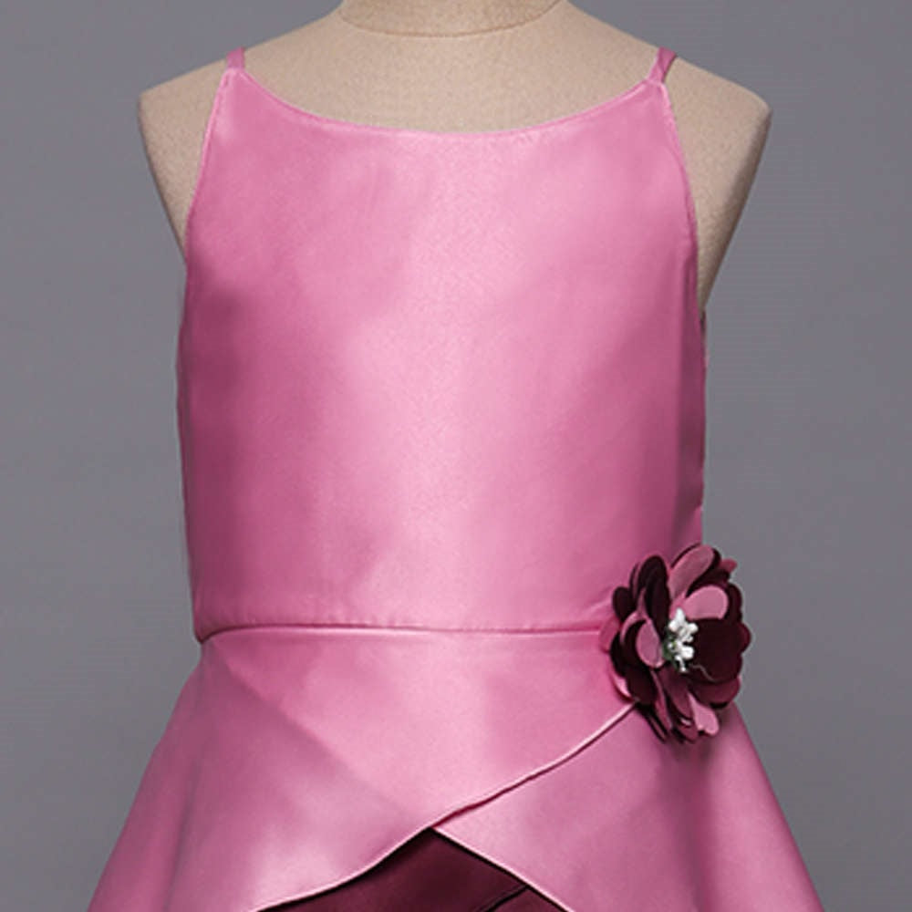 Sleeveless Floral Applique Detail Multi Layered High Low Gown   Pink