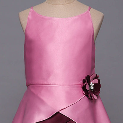 Sleeveless Floral Applique Detail Multi Layered High Low Gown   Pink