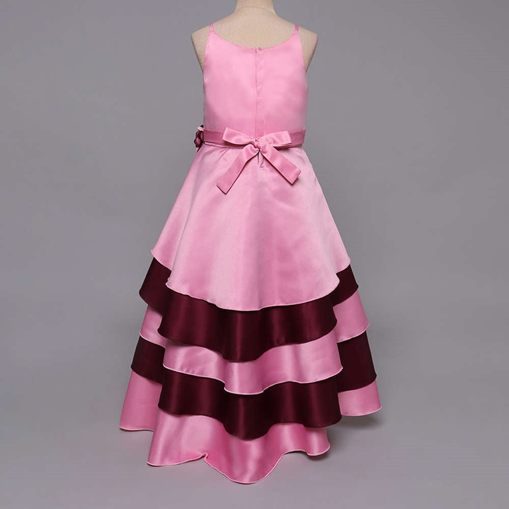 Sleeveless Floral Applique Detail Multi Layered High Low Gown   Pink