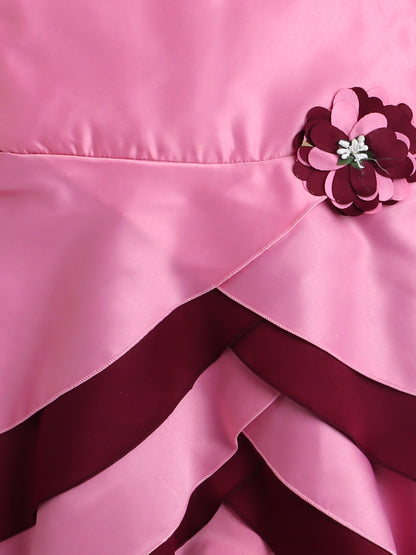 Sleeveless Floral Applique Detail Multi Layered High Low Gown   Pink