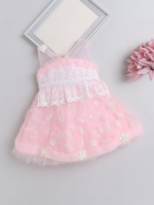 Sleeveless Floral Lace Embroidered With Fur & Flower Applique Layered Dress - Light Pink