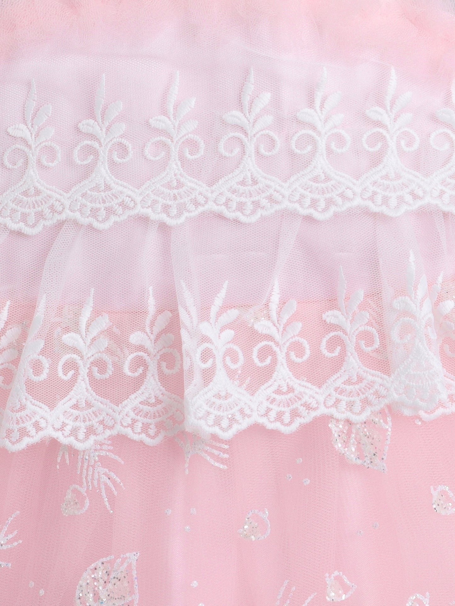 Sleeveless Floral Lace Embroidered With Fur & Flower Applique Layered Dress - Light Pink