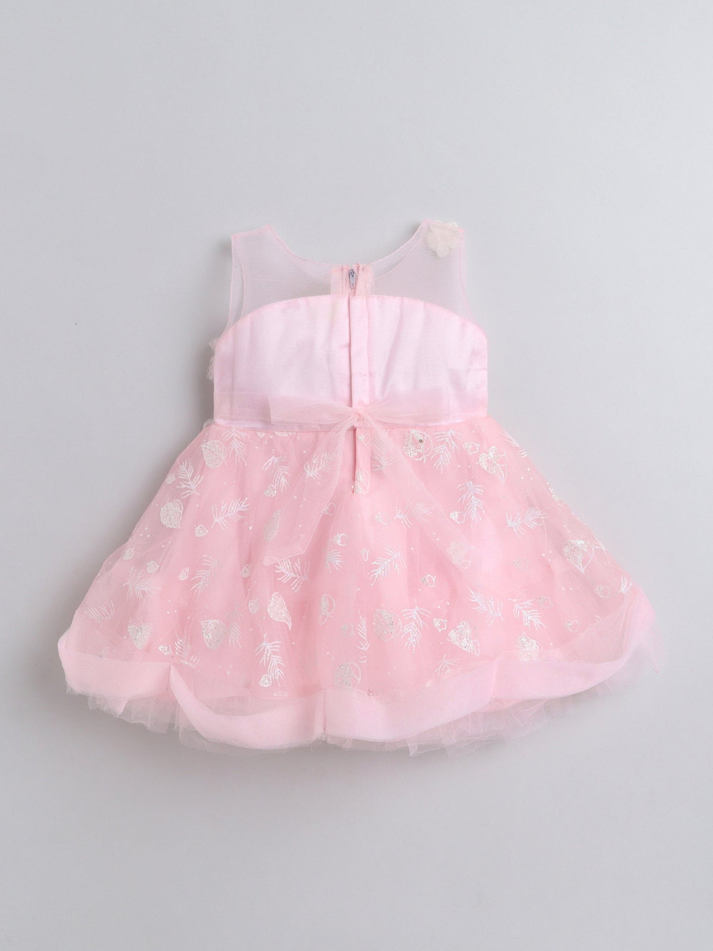 Sleeveless Floral Lace Embroidered With Fur & Flower Applique Layered Dress - Light Pink