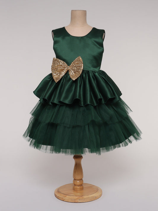 The Magic Wand Sleeveless Sequins Embellished Bow Detail With Tulle Layered Party Dress-  Bottle Green