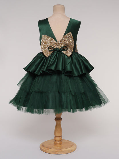 The Magic Wand Sleeveless Sequins Embellished Bow Detail With Tulle Layered Party Dress-  Bottle Green