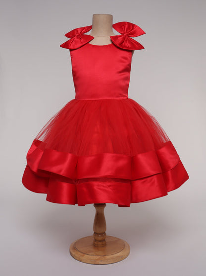 The Magic Wand Shiny Sleeveless Layered Party Dress With Bow Applique On The Shoulders For Girls Red