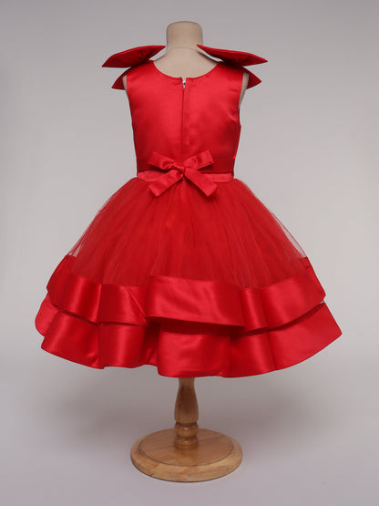 The Magic Wand Shiny Sleeveless Layered Party Dress With Bow Applique On The Shoulders For Girls Red
