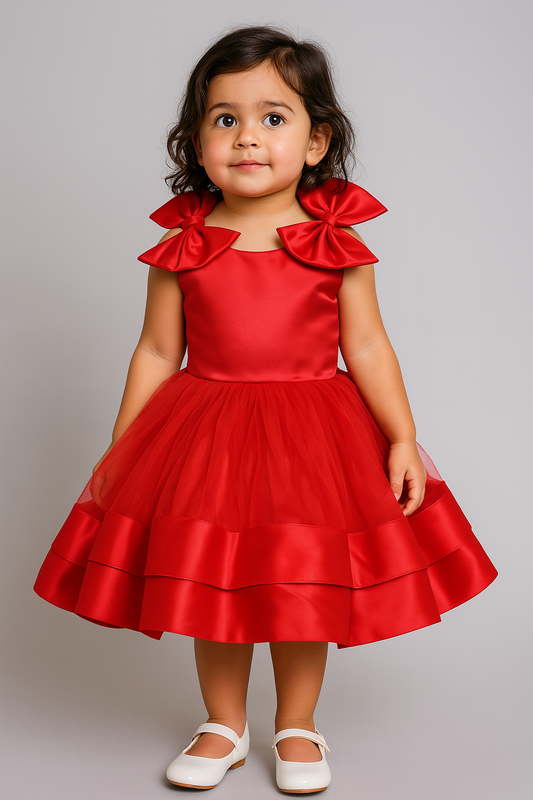 The Magic Wand Shiny Sleeveless Layered Party Dress With Bow Applique On The Shoulders For Girls Red