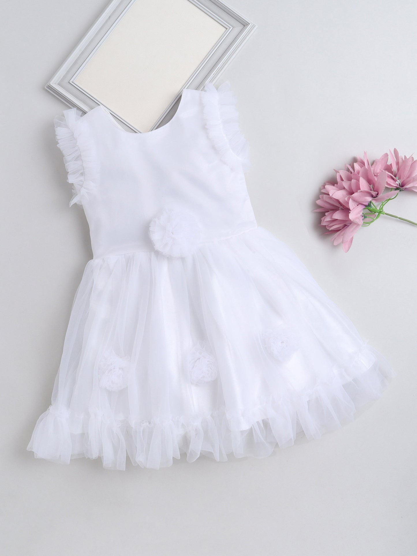 The Magic Wand Net Flower Embelished Sleeveless Dress With Ruffles at Sleeves and Hem Dress For Girls White