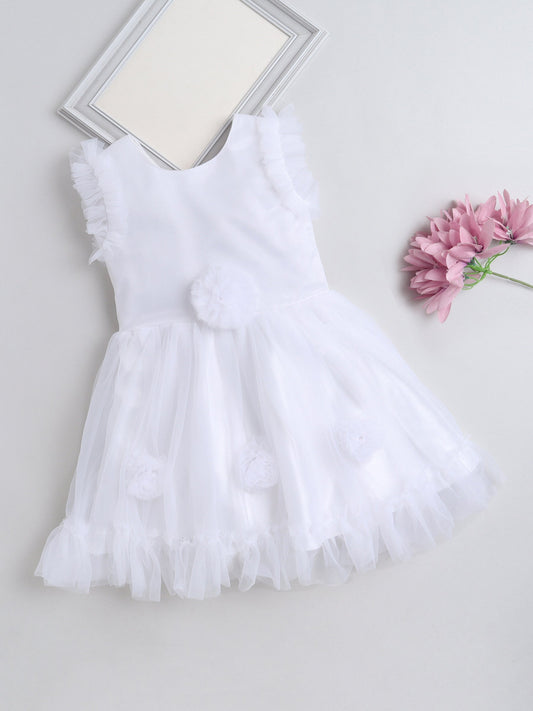 The Magic Wand Net Flower Embelished Sleeveless Dress With Ruffles at Sleeves and Hem Dress For Girls White