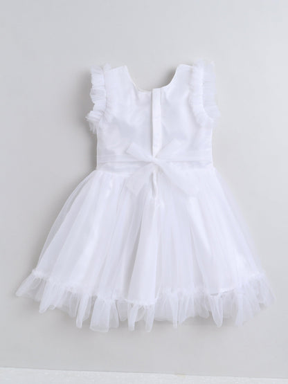 The Magic Wand Net Flower Embelished Sleeveless Dress With Ruffles at Sleeves and Hem Dress For Girls White