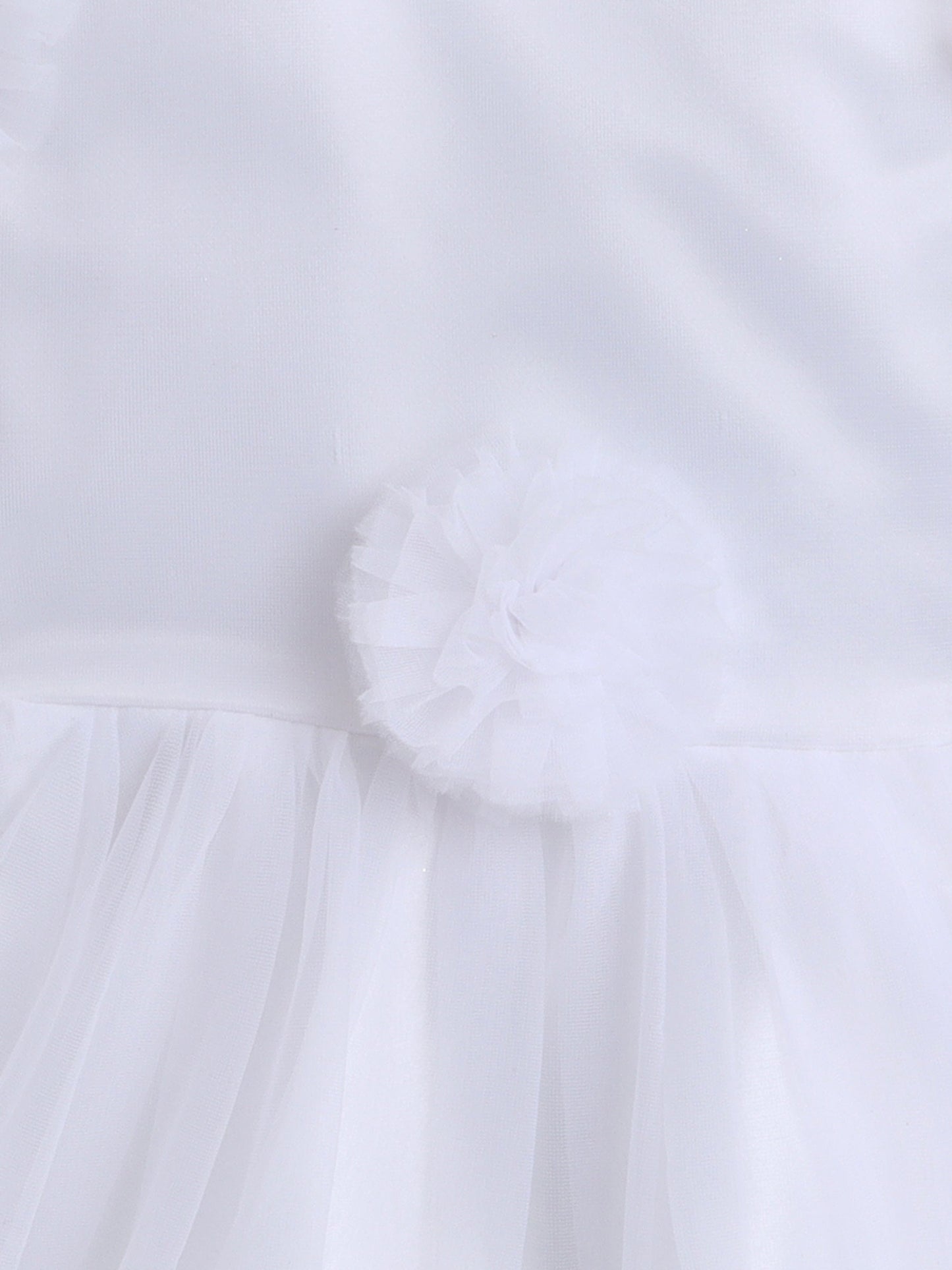 The Magic Wand Net Flower Embelished Sleeveless Dress With Ruffles at Sleeves and Hem Dress For Girls White