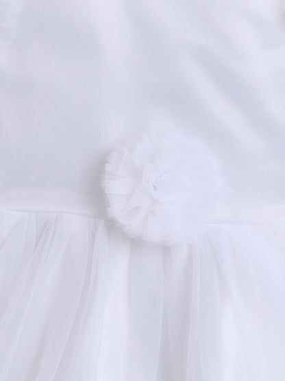 The Magic Wand Net Flower Embelished Sleeveless Dress With Ruffles at Sleeves and Hem Dress For Girls White
