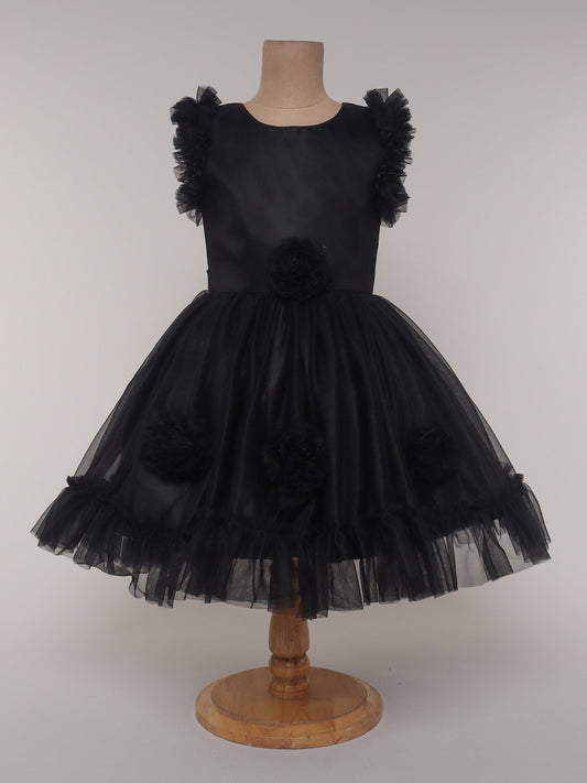 The Magic Wand Short Sleeves Net Flower Embellished Ruffled Party Dress - Black