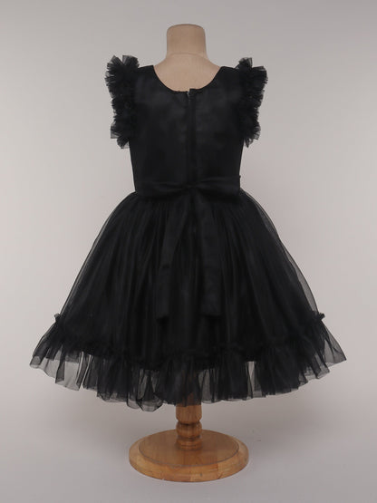 The Magic Wand Short Sleeves Net Flower Embellished Ruffled Party Dress - Black