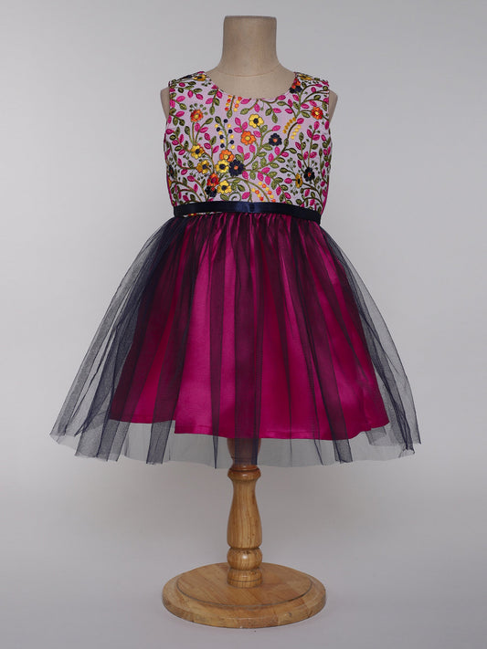 Sleeveless Kashmir Floral Garden Embroidered Tulle Overlay Ethnic Dress - Pink & Navy Blue