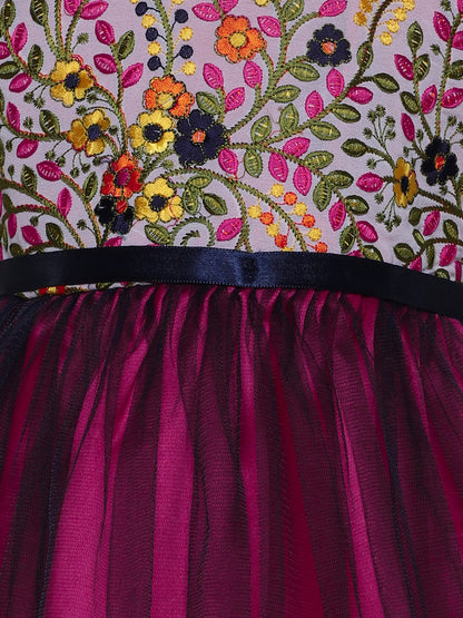 Sleeveless Kashmir Floral Garden Embroidered Tulle Overlay Ethnic Dress - Pink & Navy Blue