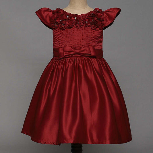 The Magic Wand Solid Satin Cap Sleeves Flower Embelished Party Dress For Girls With Bow Maroon