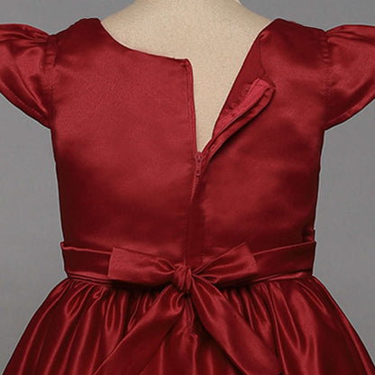 The Magic Wand Solid Satin Cap Sleeves Flower Embelished Party Dress For Girls With Bow Maroon