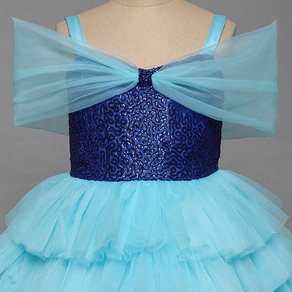 Off Shoulder Shimmer Tiered Party Dress For Girls Blue